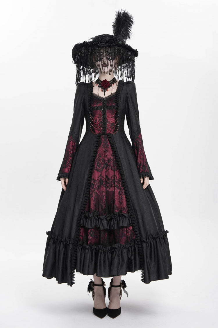 Red Long Sleeves Floral Embroidery Lace-Up Pleated Women's Gothic Dress - Red - 1