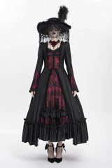 Red Long Sleeves Floral Embroidery Lace-Up Pleated Women's Gothic Dress - Red - 1