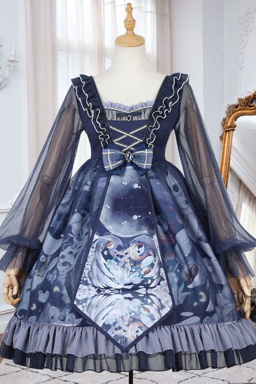 Dark Blue Unicorn Print Long Sleeves High Waisted Ruffled Classic Lolita OP Dress - Product - 4