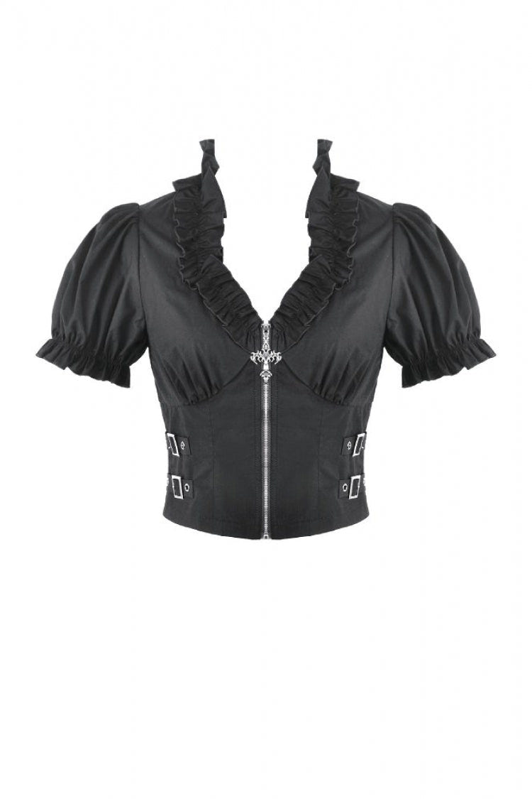Black Women's Punk Ruffled V Collar Short Puff Sleeves Buckled Waist Zippered Crop Top - Product - 3