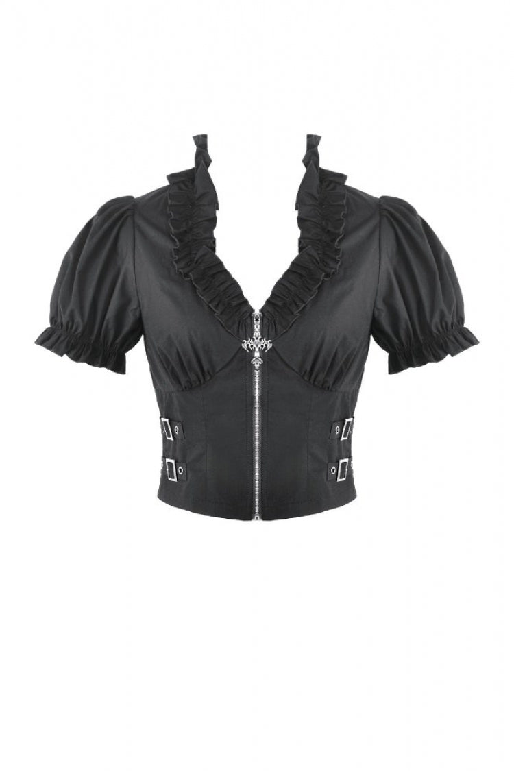 Black Women's Punk Ruffled V Collar Short Puff Sleeves Buckled Waist Zippered Crop Top - Product - 3