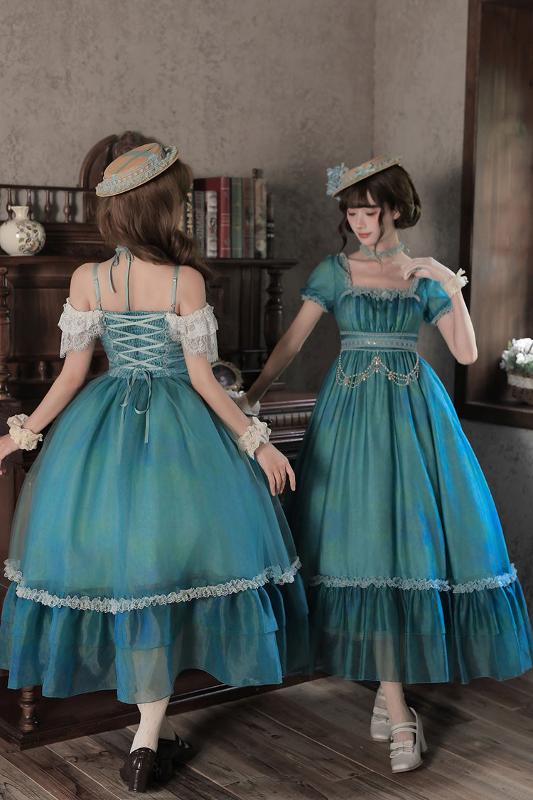 Blue/Green [Water Lily] Square Collar Ruffled Lace-Up Sweet Royal Lolita Dress 2 Versions - Product - 9