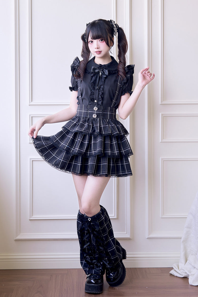 Black Triple-Layered Plaid Print Ruffle Gothic Jirai Kei Japanese Strap Dress - Product - 6