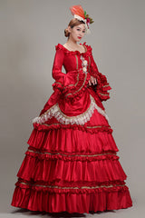 Red Hime Sleeves High Waisted Ruffled Multi-Layer Victorian Lolita Prom Tiered Dress - Product - 2