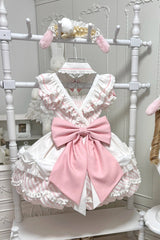 [Puppy Pastry Chef] Lapel Collar Printed Ruffled Embroidered Bow Lace Asymmetric Sweet Lolita Dress 3 Colors (Yellow, Blue, Pink) - Product - 4