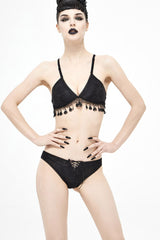 Black Lace-Up Jacquard Tassel Women's Gothic Swimsuit Set - Product - 2