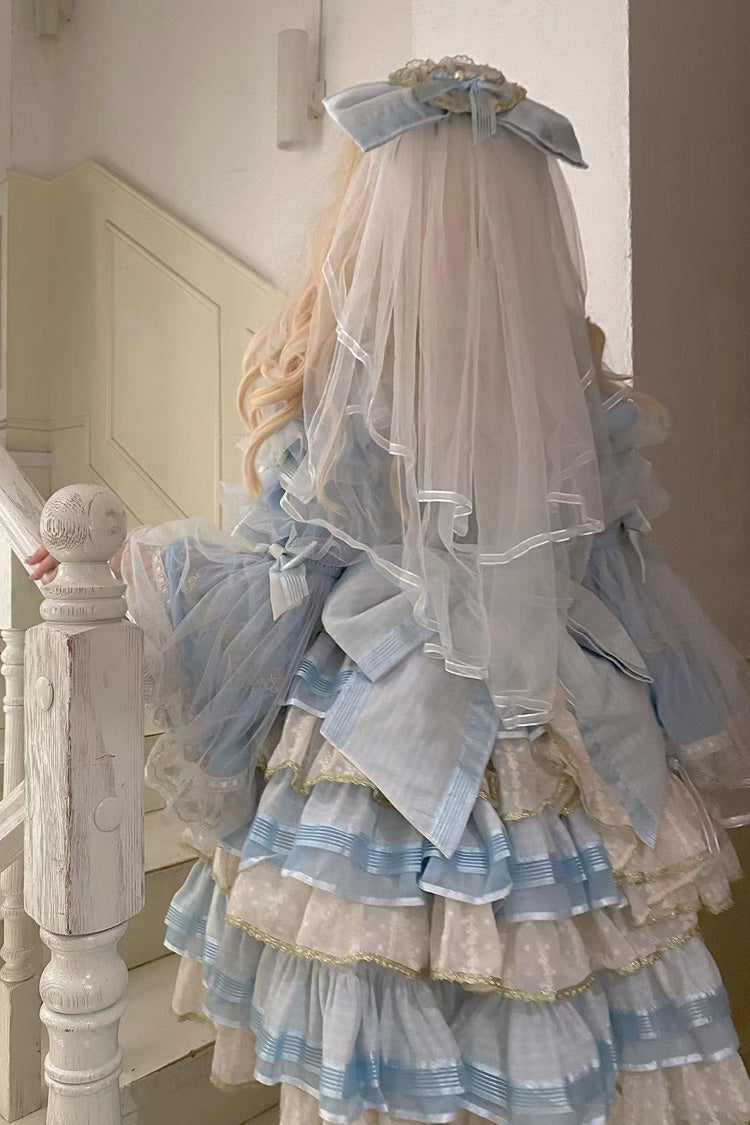 Blue Multi-Layered Ruffle Hanayome Bowknot Lace Sweet Princess Lolita Dress - Product - 5
