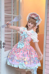 Pink [Rainbow Buffy Bunny] Sleeveless Double-Layered Ribbon Doll Printed Ruffled Bow Sweet Lolita Jsk Dress Set - Pink - 1