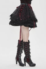 Black/Red Multi-Layered Lace Lace-Up Women's Gothic Skirt - Product - 9