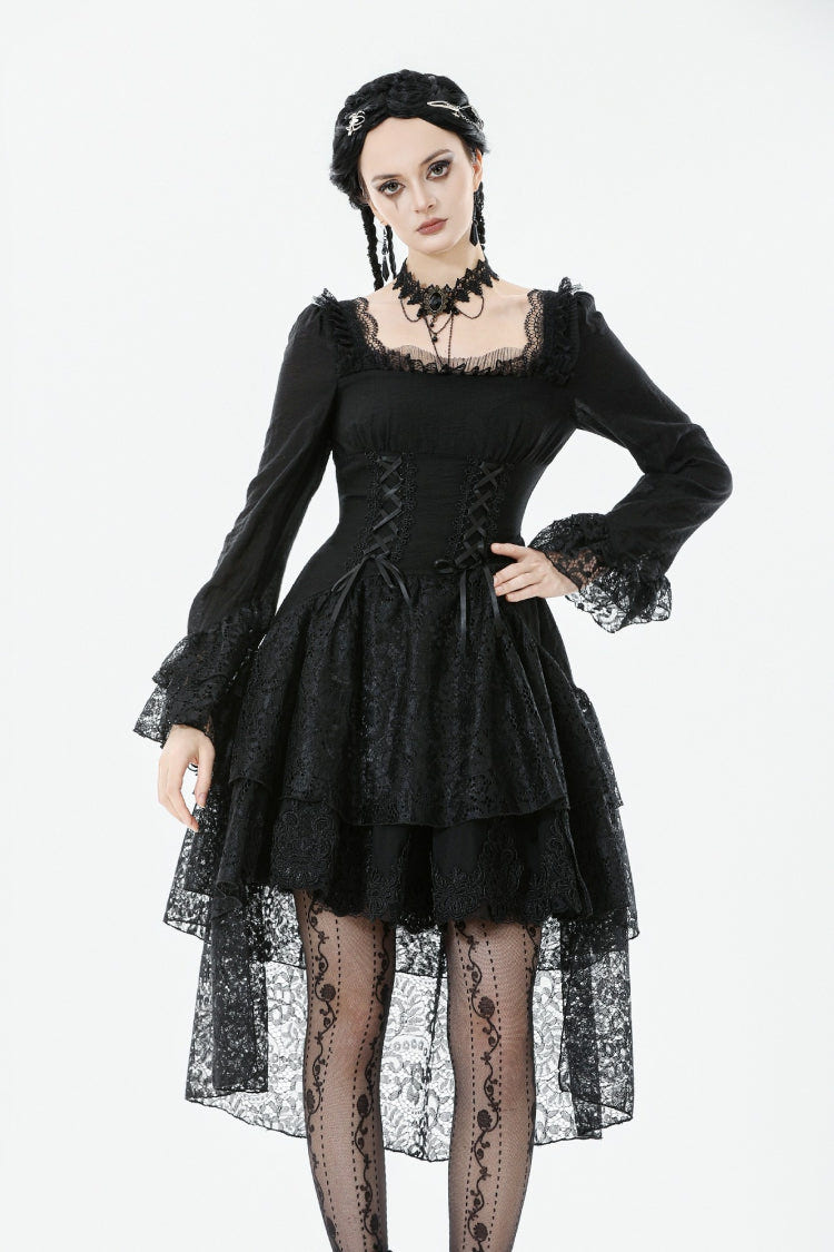 Black Square Collar Long Trumpet Sleeves Lace Lace-Up Multi-Layered High-Low Women's Gothic Dress - Product - 2