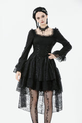 Black Square Collar Long Trumpet Sleeves Lace Lace-Up Multi-Layered High-Low Women's Gothic Dress - Product - 2