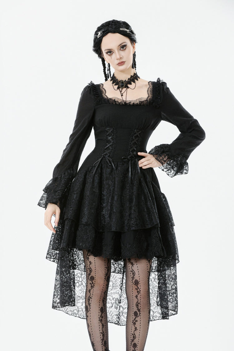 Black Square Collar Long Trumpet Sleeves Lace Lace-Up Multi-Layered High-Low Women's Gothic Dress - Product - 2