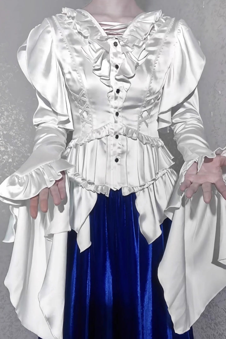 [Echoes of the Deep Sea] Long Hime Sleeves Ruffled Bow Lace-Up Gothic Ouji Lolita Blouse 4 Colors - Product - 2