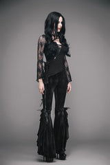 Black Front Chest Rose Decoration Flare Sleeve Irregular Lace Hem Knit Women's Gothic T-Shirt - Product - 4