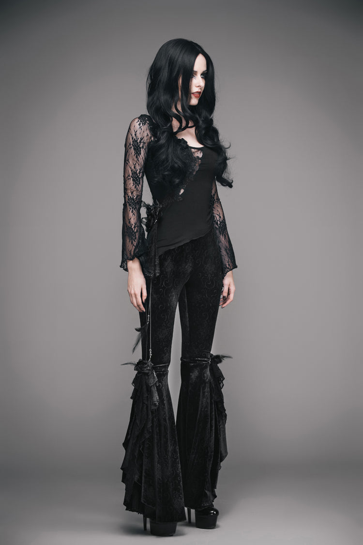 Black Front Chest Rose Decoration Flare Sleeve Irregular Lace Hem Knit Women's Gothic T-Shirt - Product - 4