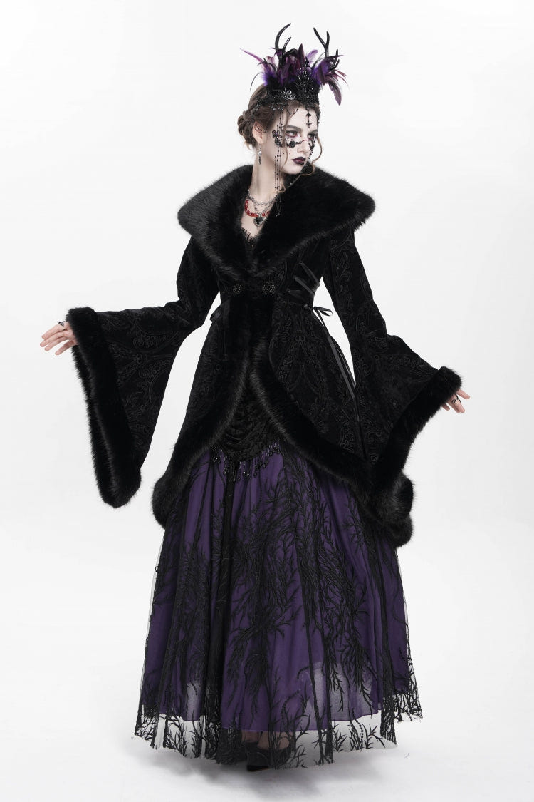 Black Long Sleeves Floral Embroidery Women's Gothic Fluffy Coat - Product - 12