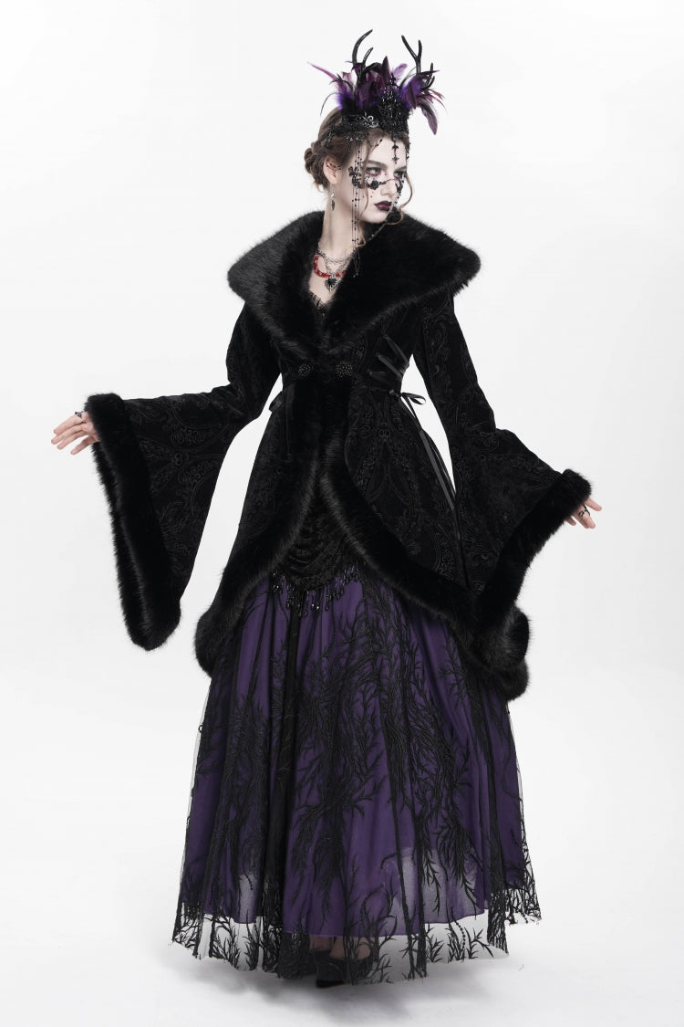 Black Long Sleeves Floral Embroidery Women's Gothic Fluffy Coat - Product - 12