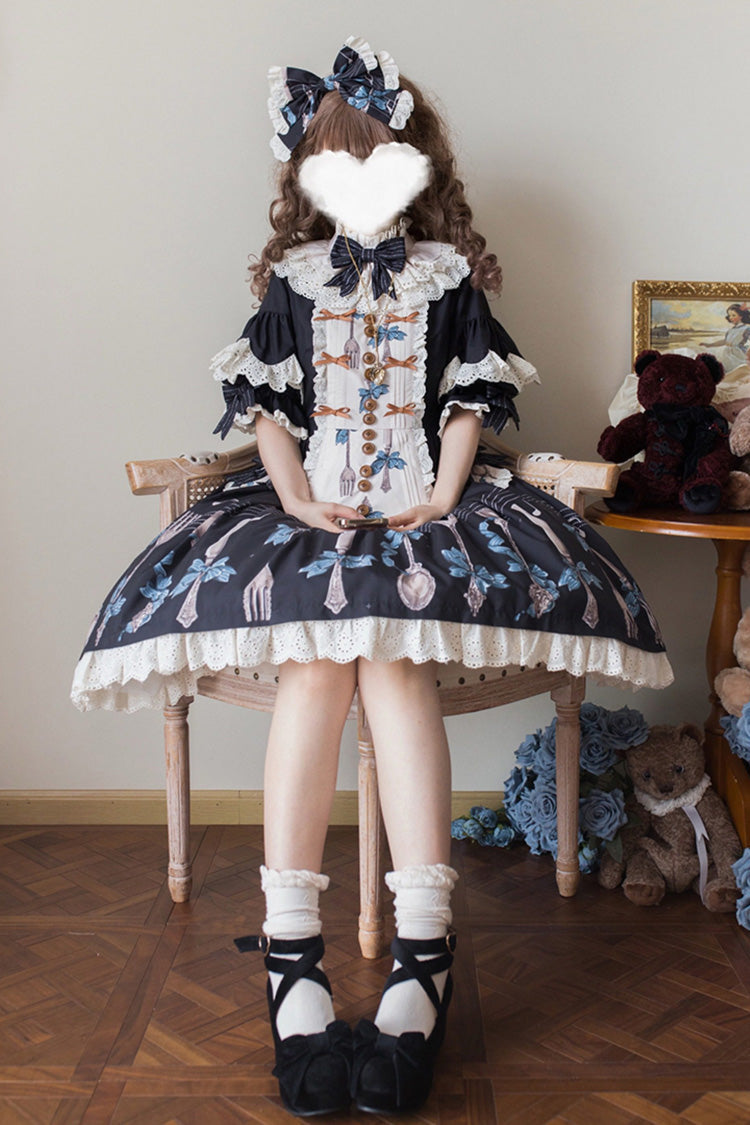 Dark Blue [The Witch’s Banquet] Round Collar Short Sleeves Printed Ruffled Embroidered Bow Lace Sweet Lolita Jsk Dress - Product - 2