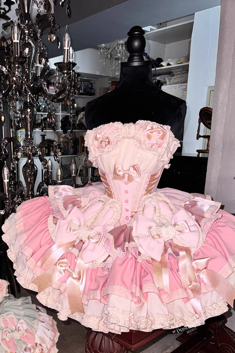 [Ribbon Dance] Multi-Layered Ruffle Bowknot Lace-Up Sweet Princess Lolita Dress 3 Colors - Pink - 7