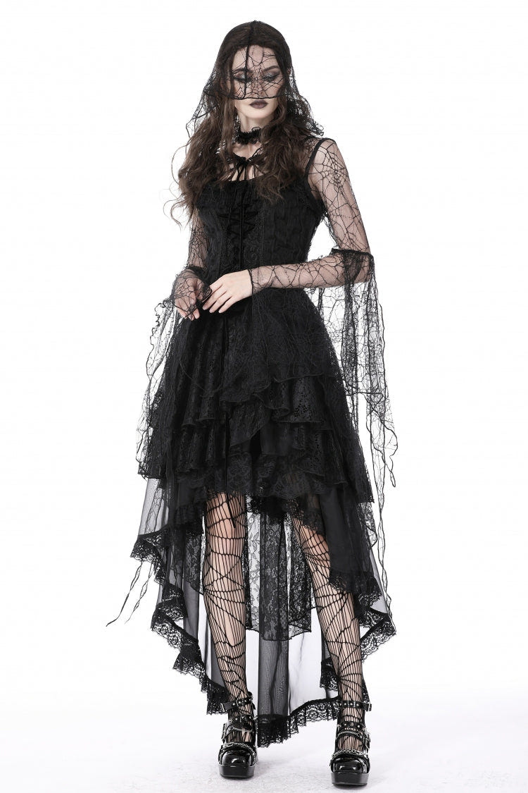 Black Spider Exaggerated Long Flared Sleeves Lace-Up Sheer Women's Gothic Cape with Hood - Product - 10