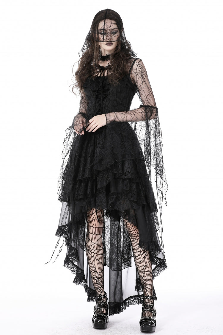Black Spider Exaggerated Long Flared Sleeves Lace-Up Sheer Women's Gothic Cape with Hood - Product - 10