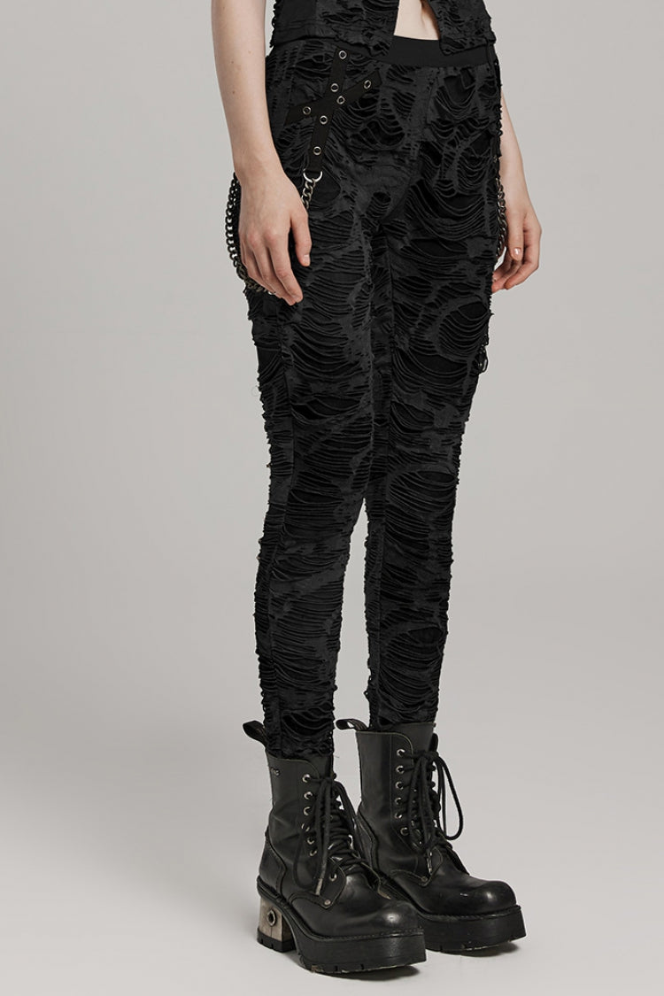 Slim Ripped Eyelet Chain Women's Steampunk Leggings 2 Colors - Product - 2