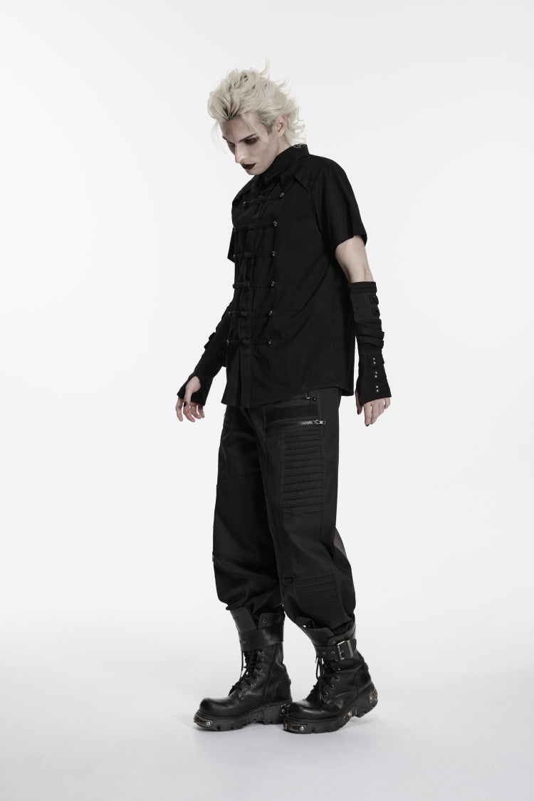 Black Lapel Collar Short Sleeves Studded Men's Punk Skull Handsome Cool Shirt - Product - 8