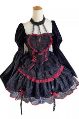 Black/Red Witch Vampire Rose Long Sleeves Print Ruffle Lace-Up Gothic Punk Lolita Dress - Product - 5