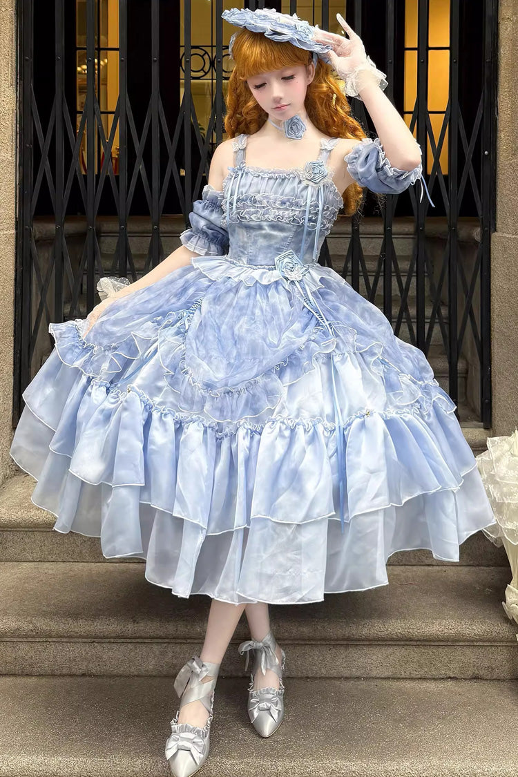 [Goodnight Camellia] Sleeveless Ombre Multi-Layered Printed Ruffled Lace Fishbone Sweet Lolita Jsk Dress 3 Colors - Dark-Blue - 1