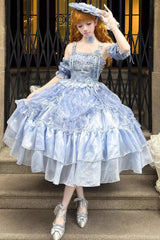 [Goodnight Camellia] Sleeveless Ombre Multi-Layered Printed Ruffled Lace Fishbone Sweet Lolita Jsk Dress 3 Colors - Dark-Blue - 1