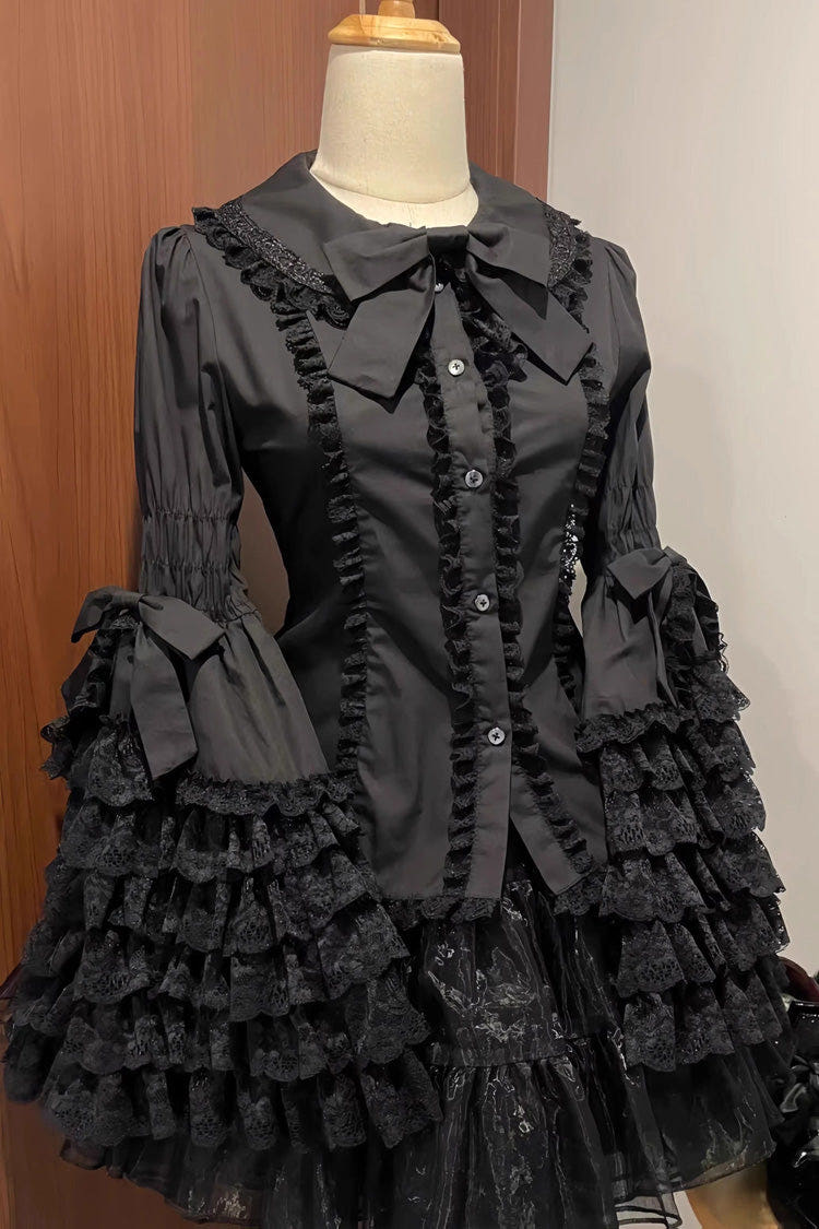 Lapel Collar Long Hime Sleeves Ruffle Bowknot Lace Sweet Lolita Blouse 3 Colors - Black - 1