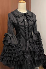 Lapel Collar Long Hime Sleeves Ruffle Bowknot Lace Sweet Lolita Blouse 3 Colors - Black - 1