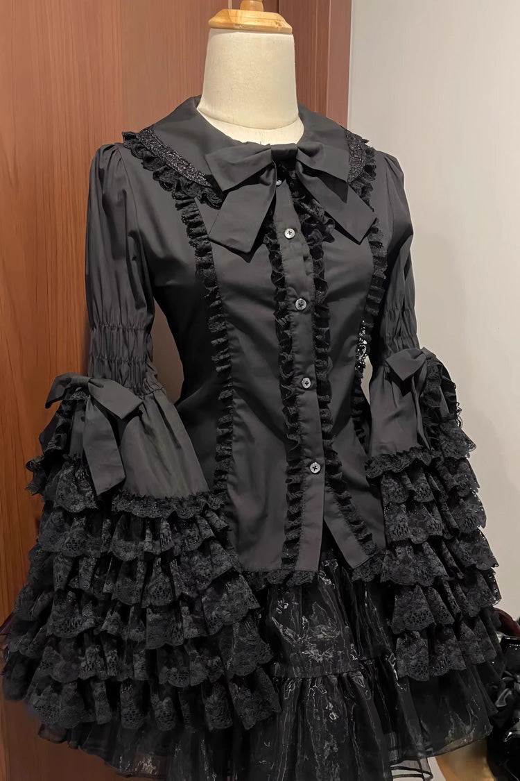 Lapel Collar Long Hime Sleeves Ruffle Bowknot Lace Sweet Lolita Blouse 3 Colors - Black - 1