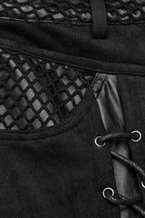 Black Metal Eyelets Faux Leather Stitching Mesh Women's Steampunk Pants - Product - 6