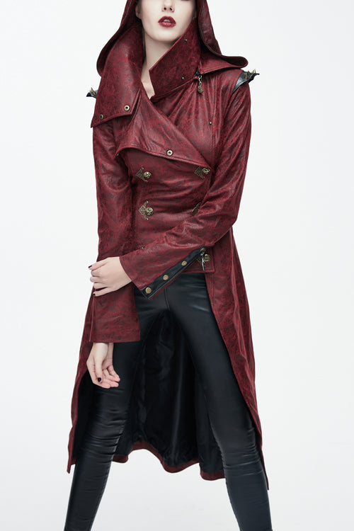Red Short In Front And Long In Back Punk Long Leather Womens Coat - Red - 1