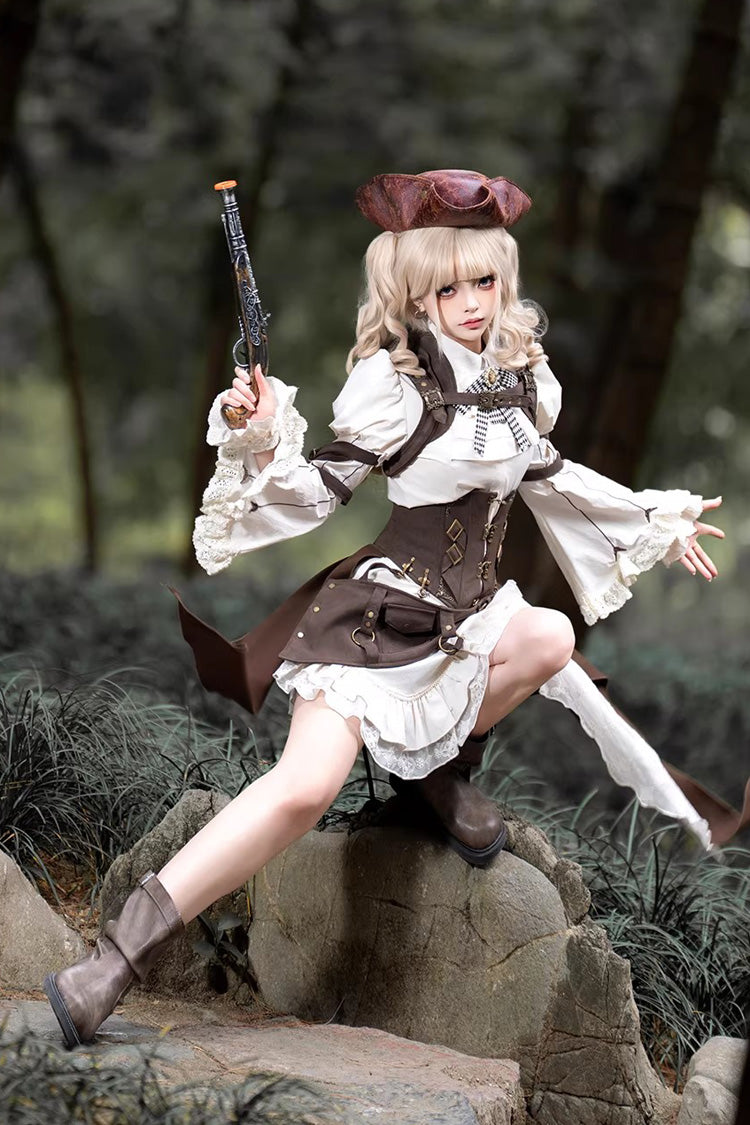White/Brown [Time Capsule Pirate Style] Long Sleeves Ruffled Irregular Gothic Vintage Elegant Lolita Skirt Set - Product - 5