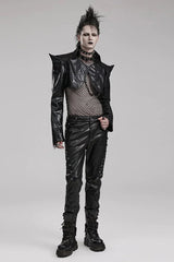 Black Stand Collar Zipper Faux Leather Sharp Shoulders Mens Steampunk Short Coat - Product - 4