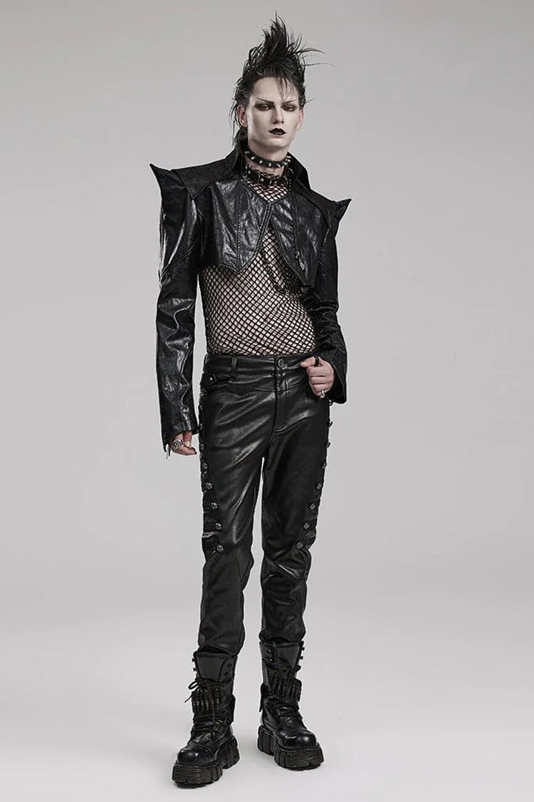 Black Stand Collar Zipper Faux Leather Sharp Shoulders Mens Steampunk Short Coat - Product - 4
