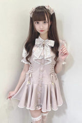 Pink Japanese Diamond Buckle Heart Bow Lace Sweet Jirai Kei Dress Fake Two-piece Set - Product - 4