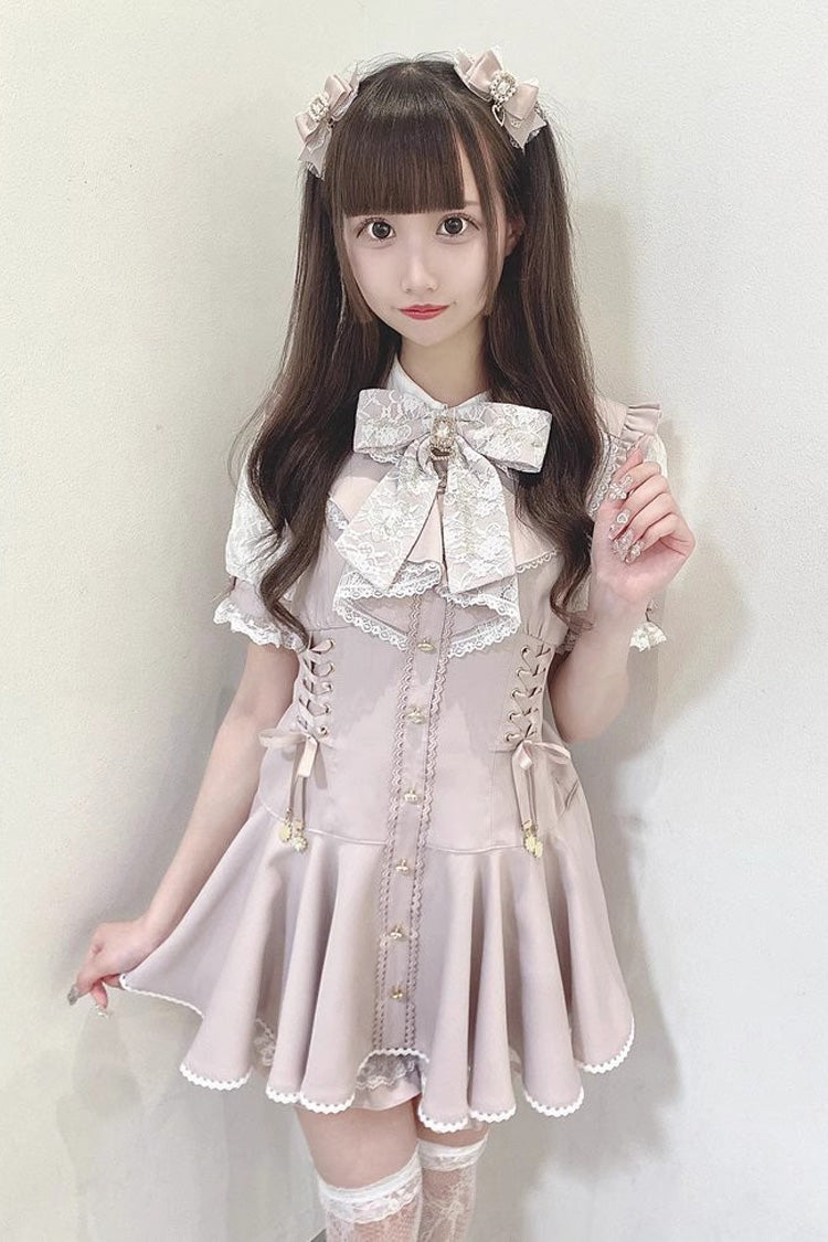 Pink Japanese Diamond Buckle Heart Bow Lace Sweet Jirai Kei Dress Fake Two-piece Set - Product - 4