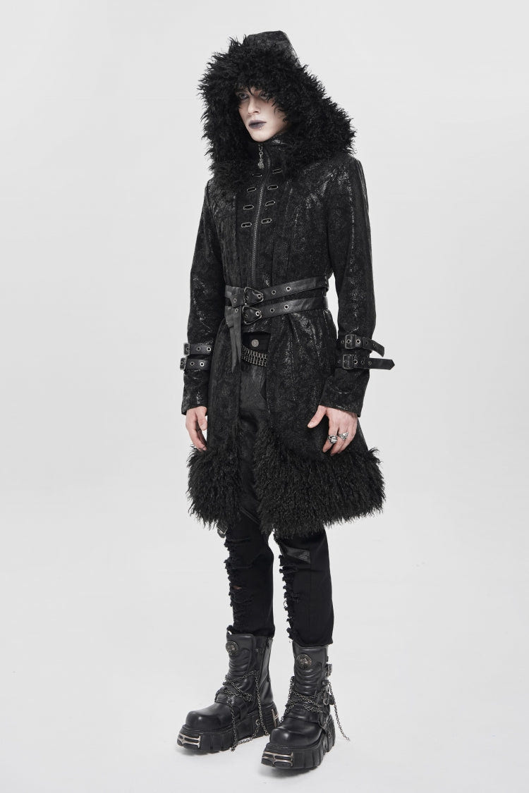 Black Stand Collar Long Sleeves Lace-Up Slim  Zippered Men's Punk Coat with Detachable Belt - Product - 7