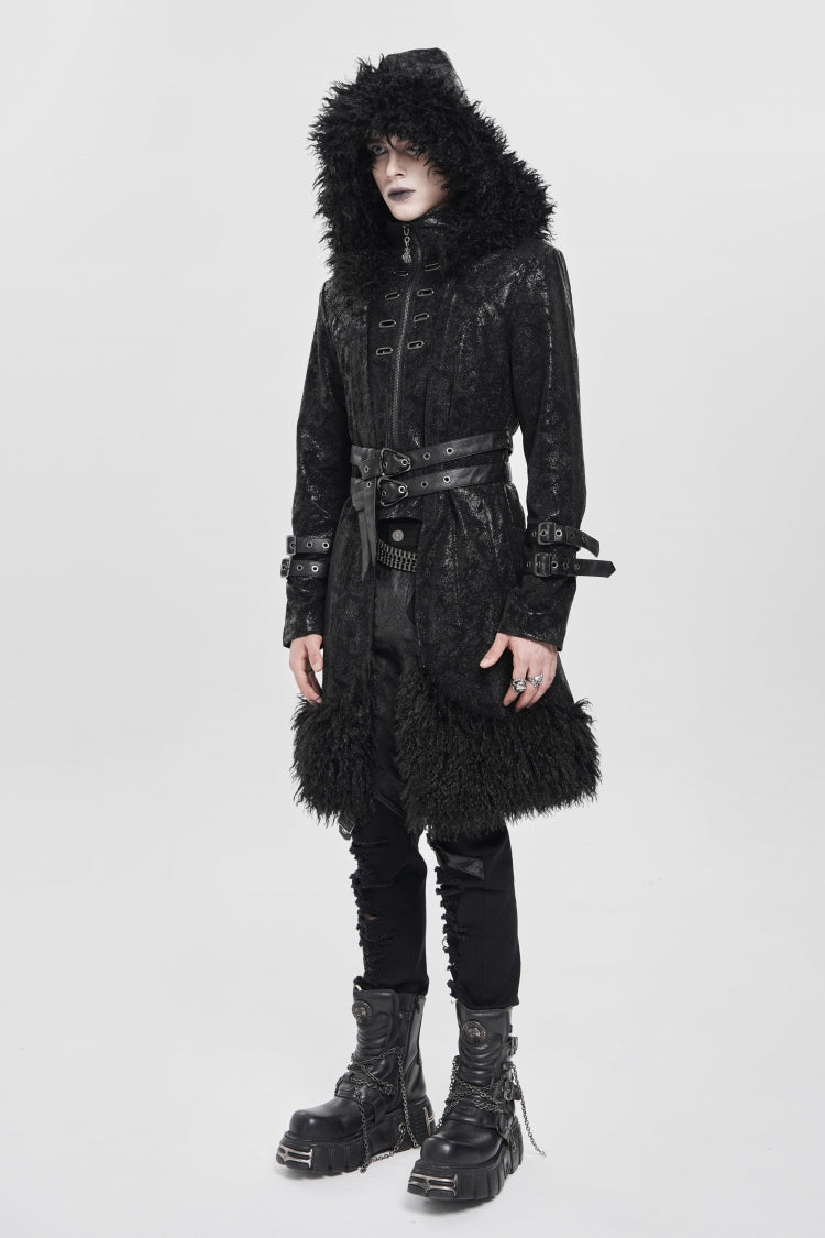 Black Stand Collar Long Sleeves Lace-Up Slim  Zippered Men's Punk Coat with Detachable Belt - Product - 7