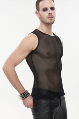 Black Gothic Elasticity Perspective Rhombus Net Yarn Sleeveles Men's T-Shirt - Product - 2