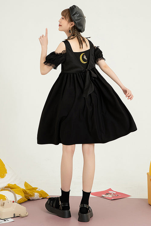 Black Puff Short Sleeve High Waisted Two Ways To Wear Before And After Sweet Lolita Dress - Product - 8