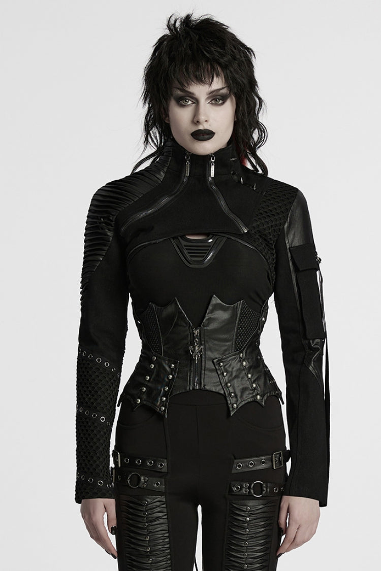 Black Stand Collar Long Sleeves Rivet Women's Gothic Short Jacket - Black - 1