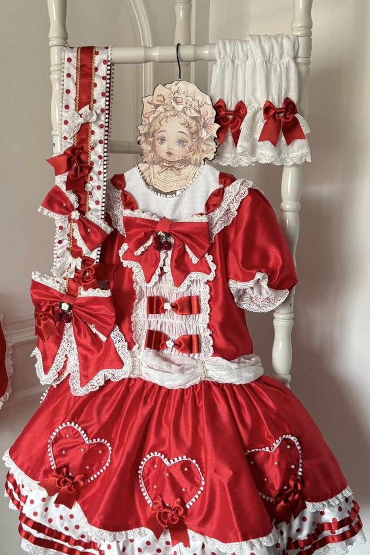 Red Round Collar Long Sleeves Multi-Layered Bow Sweet Lolita Dress Set - Product - 5