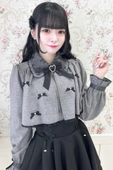 Grey Lapel Collar Long Sleeves Bowknot Sweet Japanese Jirai Kei Blouse Coat - Product - 4