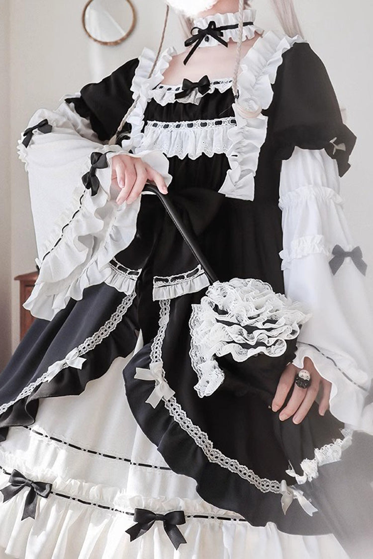 White/Black Long Sleeves Cardigan Bowknot Maid Gothic Lolita Dress - Product - 4