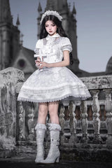White Lapel Collar Short Sleeves Printed Ruffled Lace Classic Gothic Elegant Lolita Dress - Product - 13