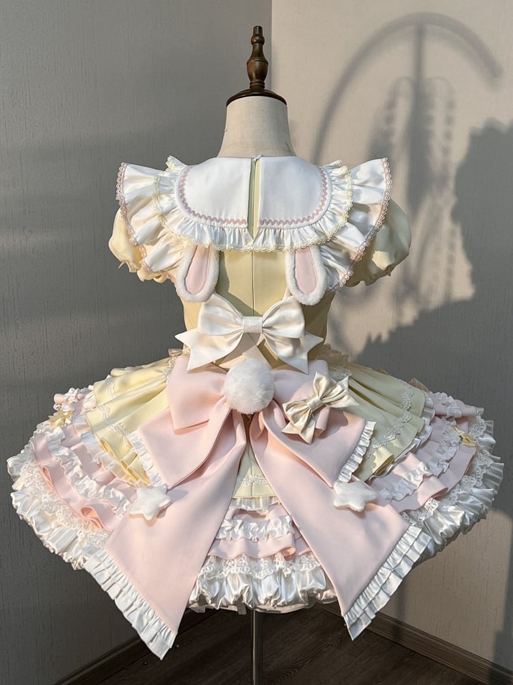 Yellow & Pink Bunny Maid Sweet Lolita Puff Sleeve Dress detail view 2